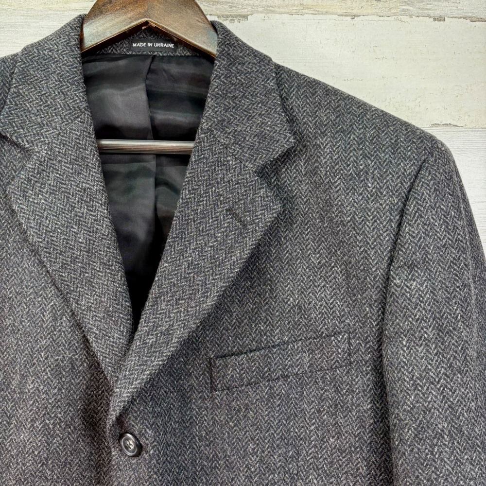 Oleg Cassini Mens 42R Grey Herringbone 100% Wool 3-Button Blazer Sport Coat